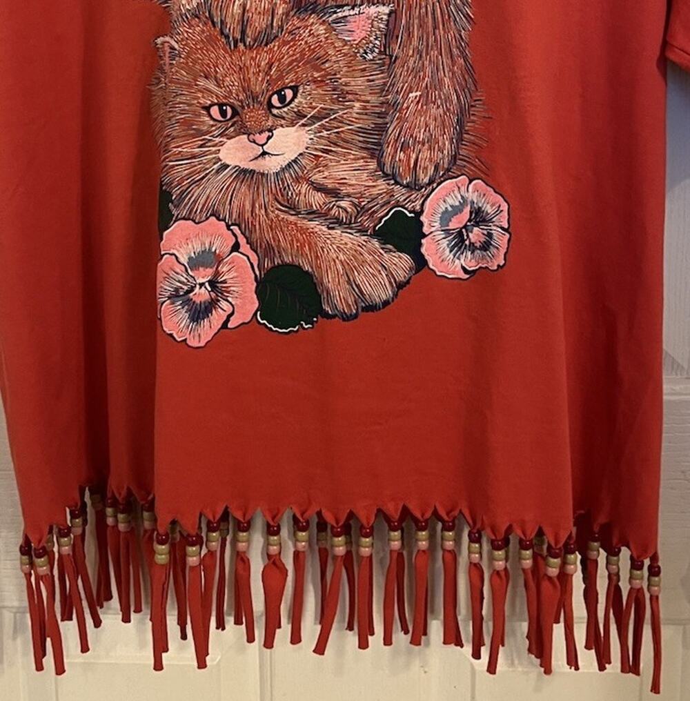 VTG 80s-90s Fringe Cat T-Shirt Sunbelt Sportswear Graphic Pansy Flower Beaded XL